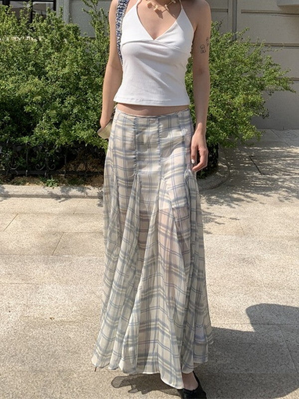 checked sheer fish-tail long-skirt【NINE9380】